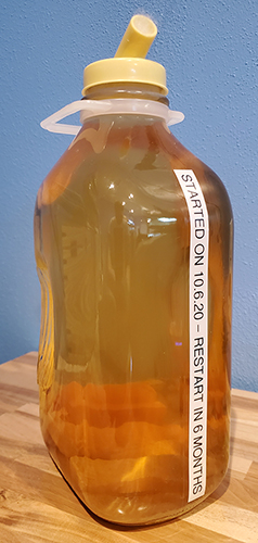 Vinegar eel starter culture labeled and bottled.